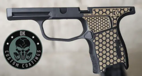 Photo of Sig P365 Grip Module TAN – Black Cerakote – DK’s Hexagon Laser Stippling