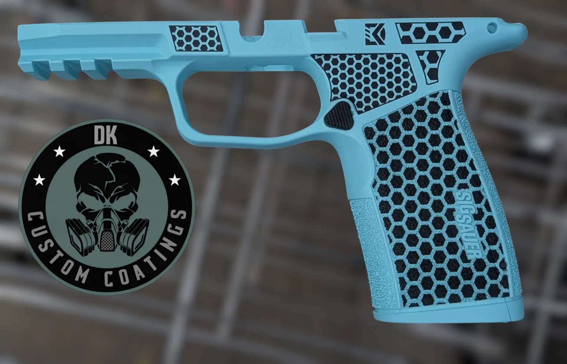 P365 Macro REB - DK Custom Coatings LLC Photo of Sig Sauer P365 X Macro Grip Module – Robins Egg Blue Cerakote – DK’s Hexagon Laser Stippling