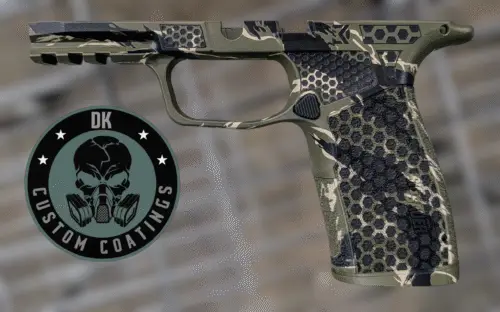 Photo of Sig Sauer P365 X-Macro Module with Vietnam Tiger Stripe Camo and DK’s Hexagon Laser Stippling