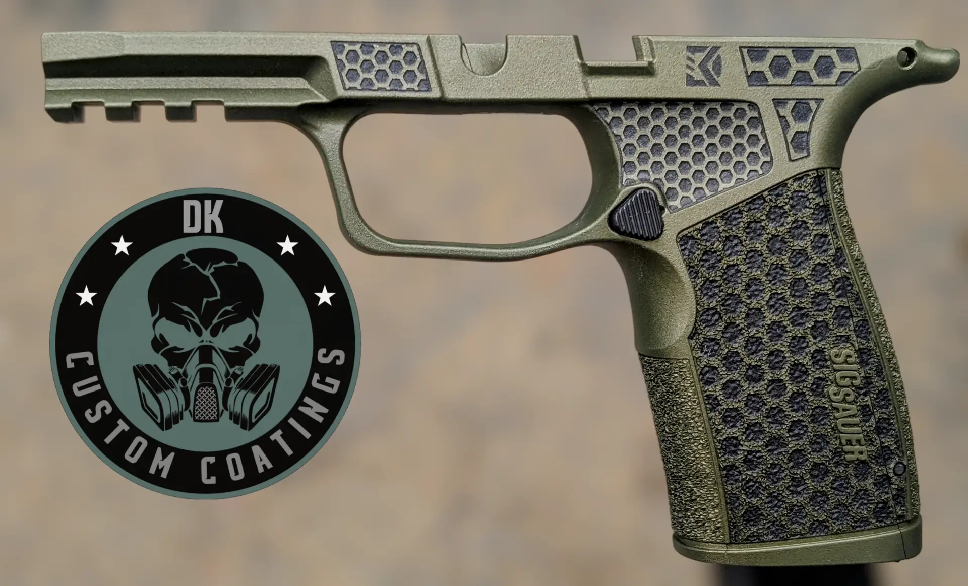 1000006943 - DK Custom Coatings LLC Photo of Sig Sauer P365 X Macro Grip Module – DK’s Custom Dark Green Anodized Mix Cerakote – DK’s Hexagon Laser Stippling