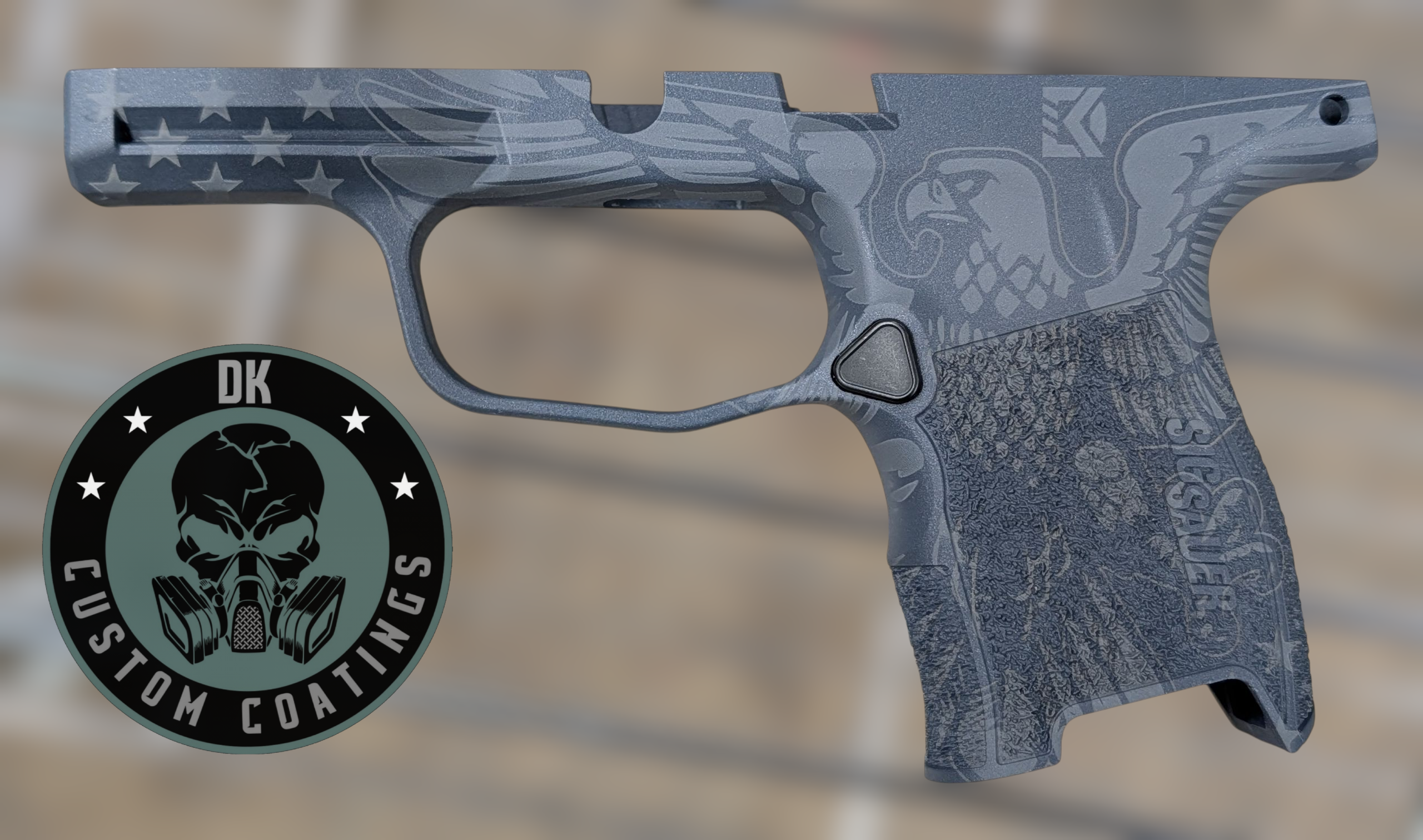 7782 - DK Custom Coatings LLC Photo of Sig Sauer P365 Module with DK’s Freedom Eagle and Stars Gray Cerakote