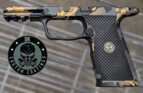 Photo of Wilson Combat P365 X-Macro Module – DK’s Gold Camo – Mesh Laser Stippling with inlaid medallion