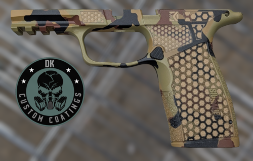 Photo of Sig Sauer TAN P365 X-Macro Module with N81 Camo – DK’s Hexagon Laser Stippling
