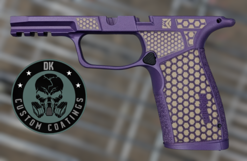 Photo of Sig Sauer Tan P365 X Macro Grip Module – DK’s Custom Mixed Purple Reign- Peanut Butter & Jelly Edition With DK’s Hexagon Laser Stippling