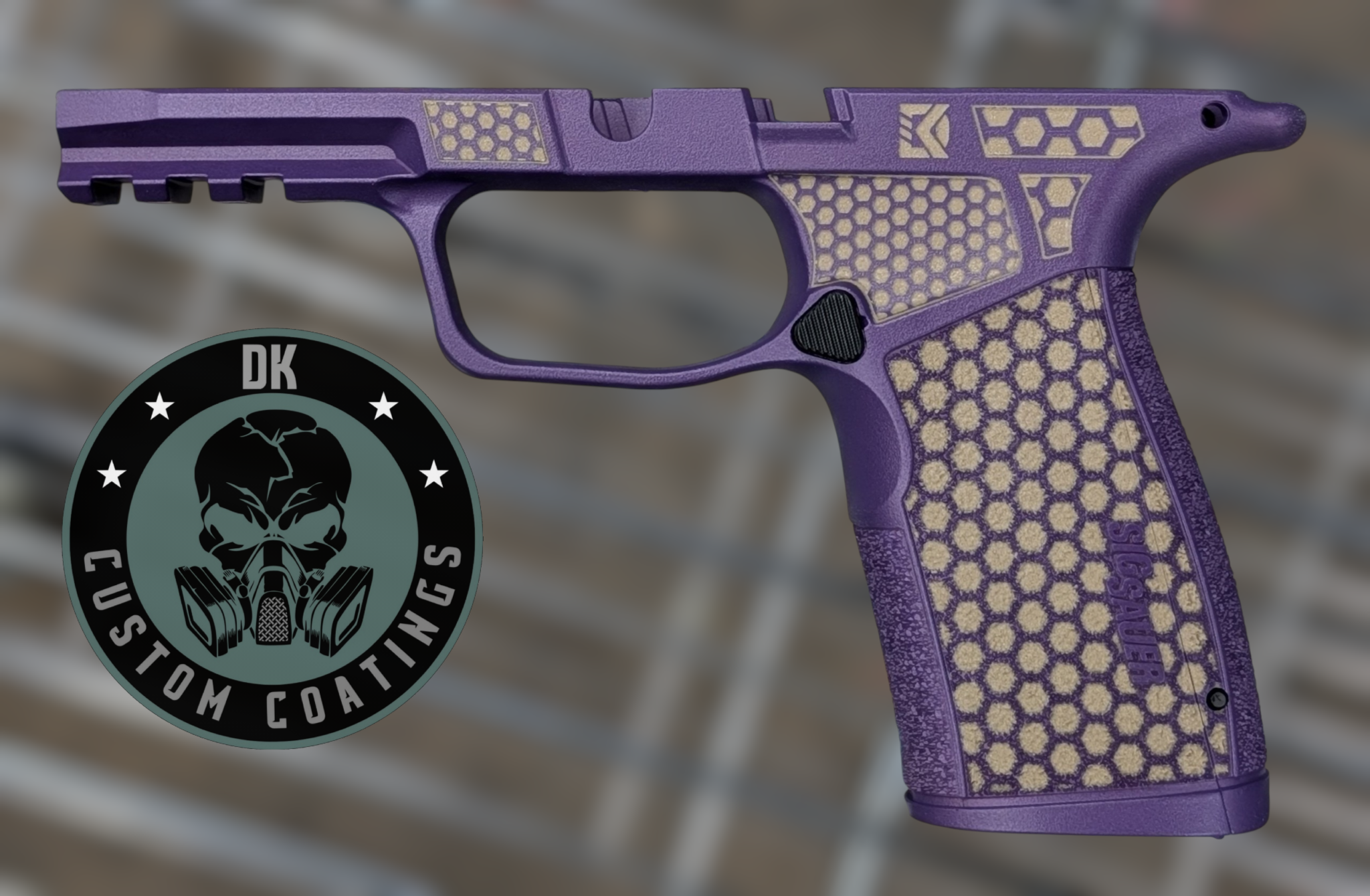 10595 - DK Custom Coatings LLC Photo of Sig Sauer Tan P365 X Macro Grip Module – DK’s Custom Mixed Purple Reign- Peanut Butter & Jelly Edition With DK’s Hexagon Laser Stippling