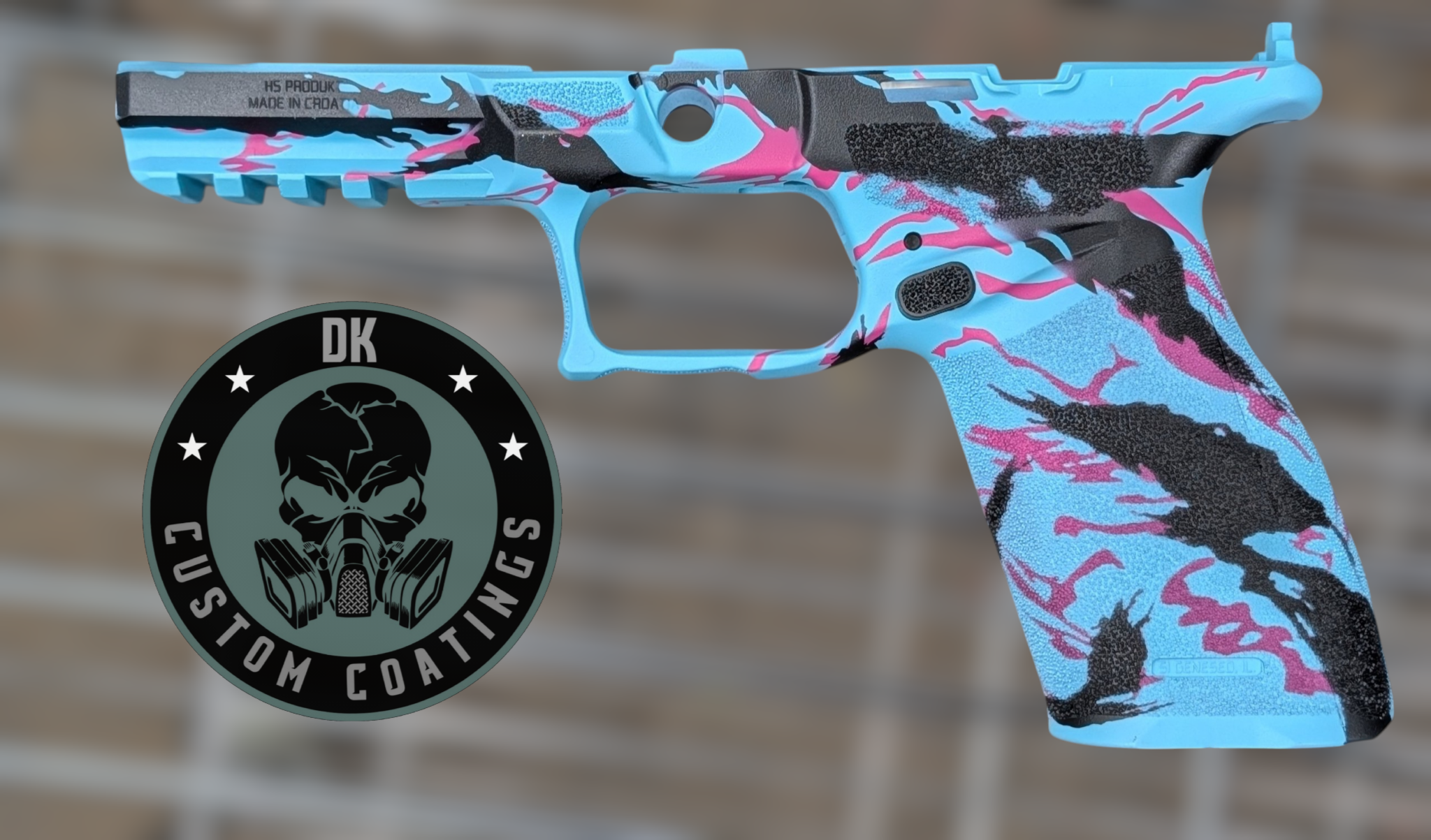 10757 - DK Custom Coatings LLC Side view of a turquoise camo handgun with pink and black accents, positioned above a circular DK Customs logo.