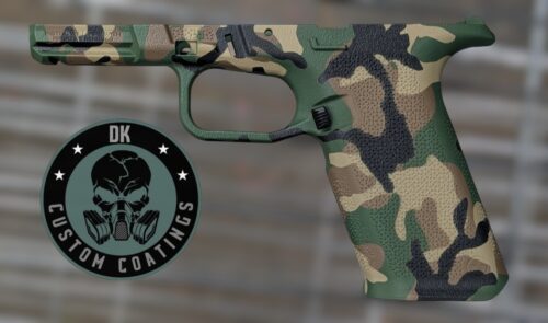 Camouflage-painted handgun frame beside a circular DK Custom Coatings logo.