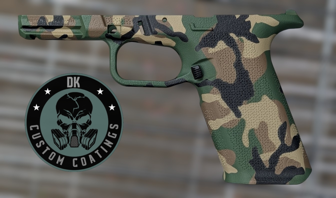11469 - DK Custom Coatings LLC Camouflage-painted handgun frame beside a circular DK Custom Coatings logo.