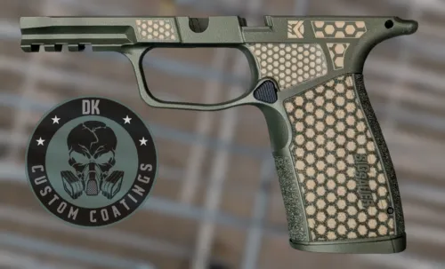 Photo of Sig Sauer Tan P365 X Macro Grip Module – DK’s Custom Mixed Dark Anodized Green With DK’s Hexagon Laser Stippling