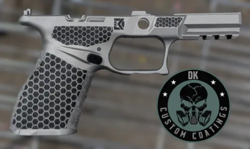 Photo of Springfield Echelon 4.0C Compact Size Grip Module coated in Gun Metal Gray with DK’s Hexagon Laser Stippling